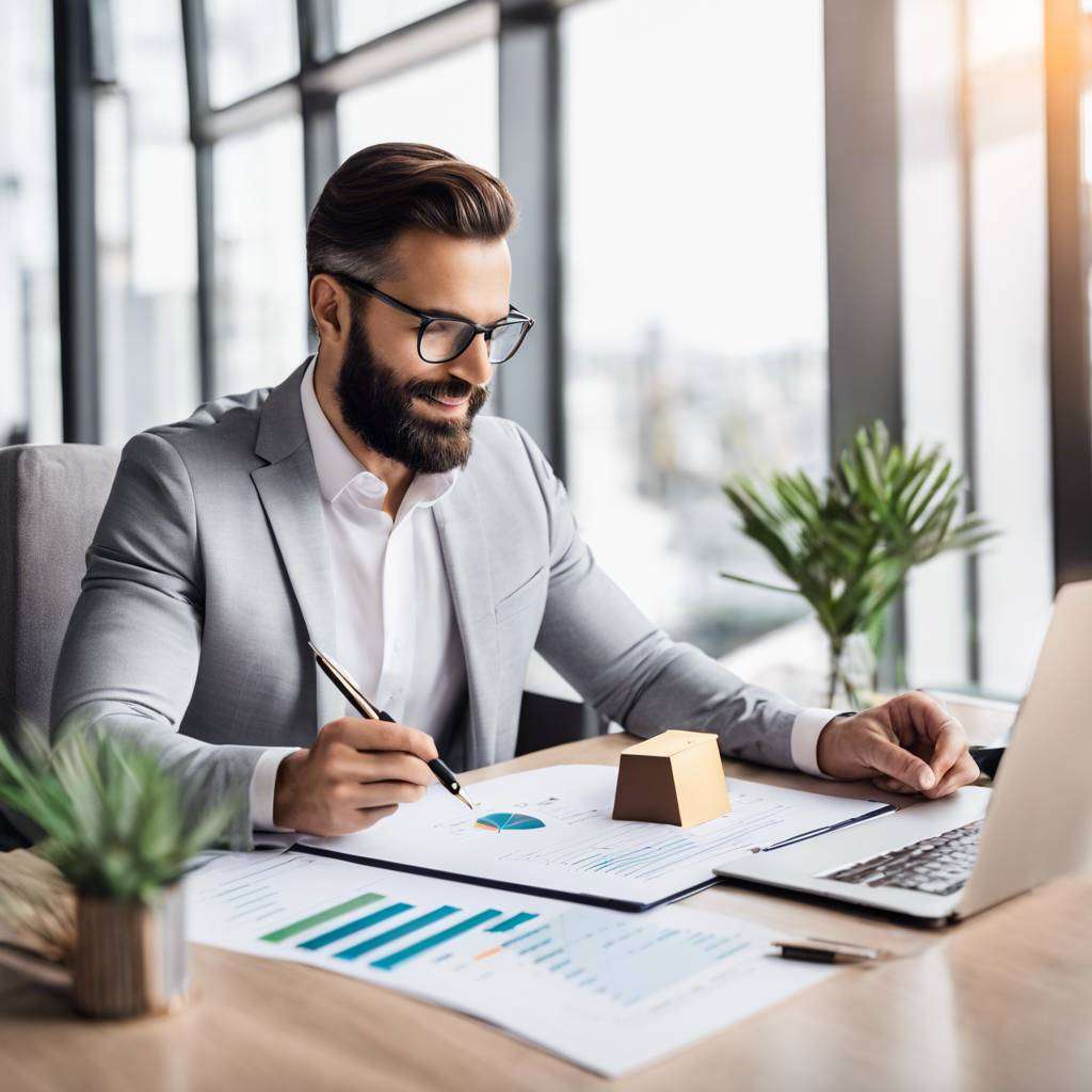Man analysing financial reports in modern office with natural light.