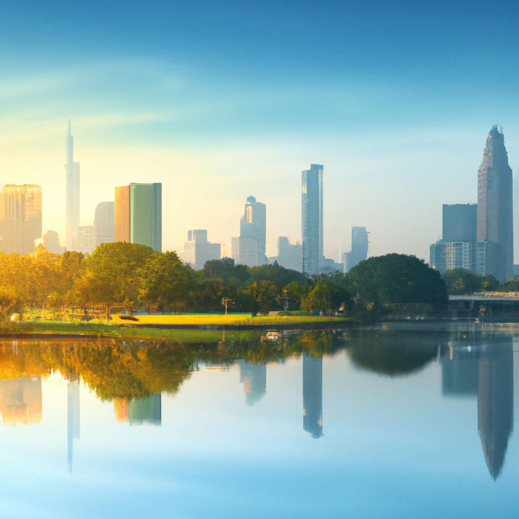 Modern cityscape with tranquil water reflection and lush green park.