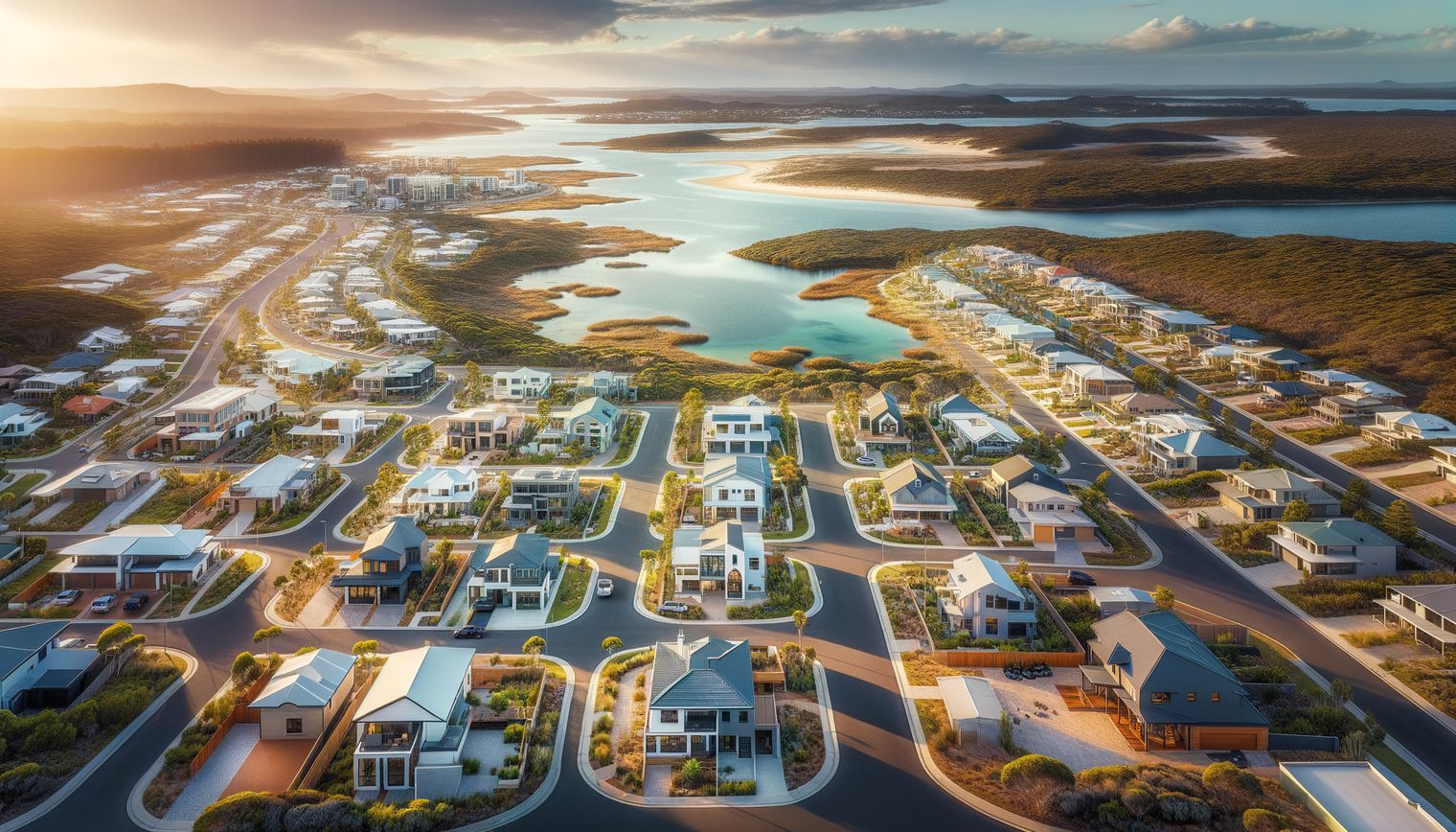 Modern coastal suburban neighbourhood with vibrant gardens, serene water views, and organised streets.