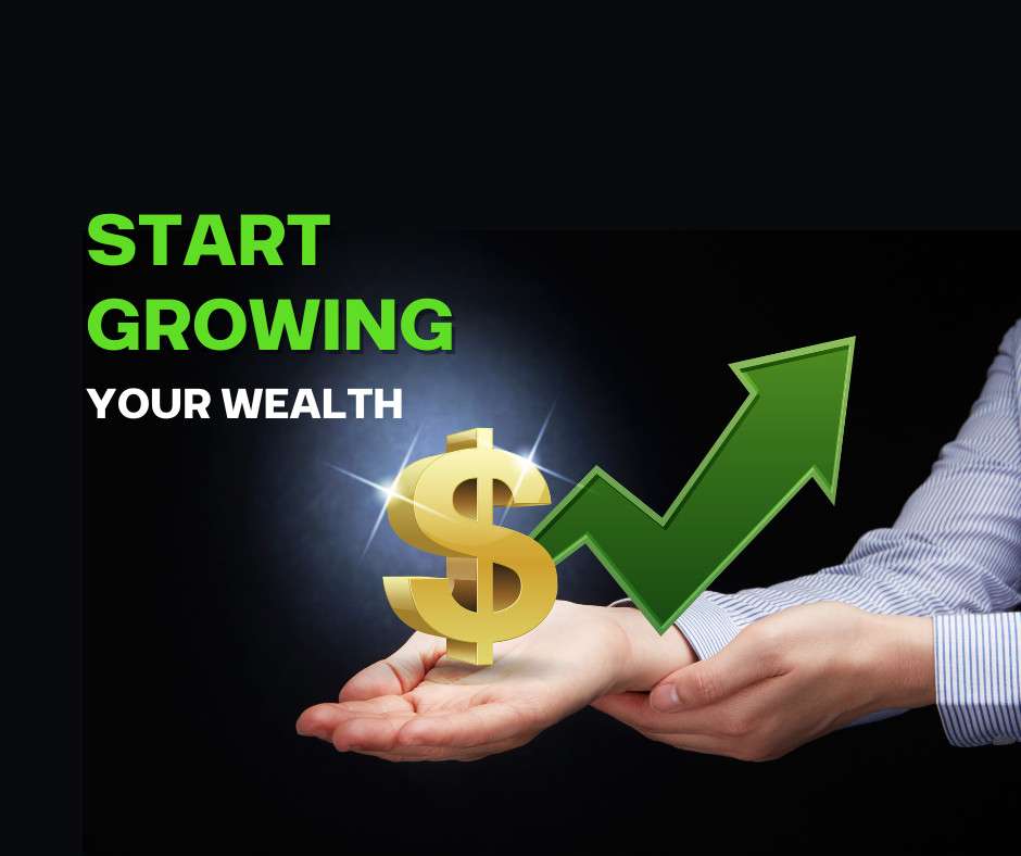 Grow your wealth: hands presenting glowing dollar sign with upward green arrow.
