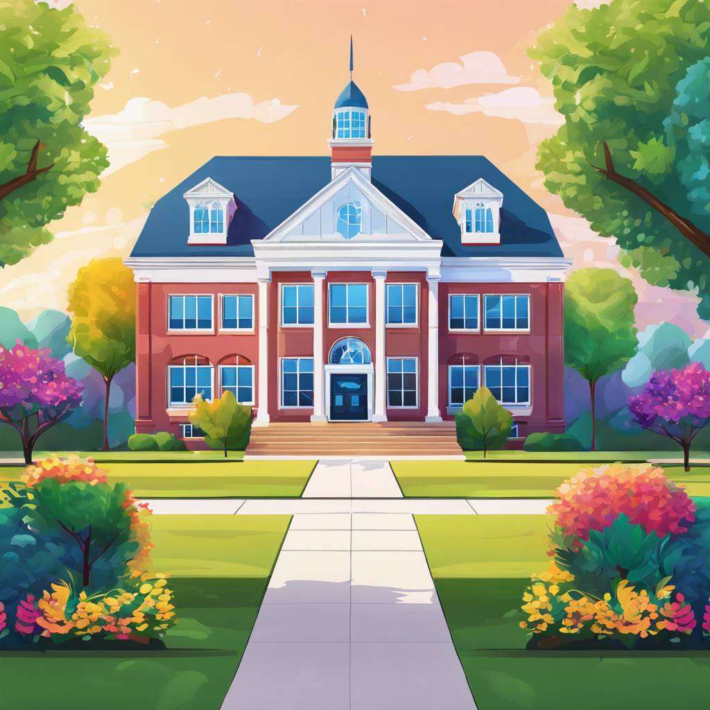 Elegant red-brick building with lush gardens, suggesting educations impact on property values.