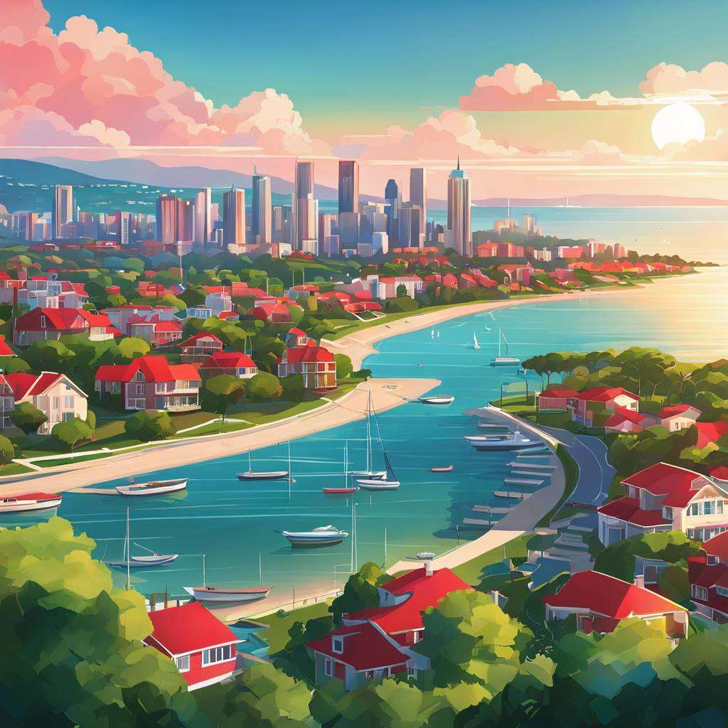 Picturesque coastal cityscape at sunset with bay, boats, greenery, red-roofed houses, and skyline.