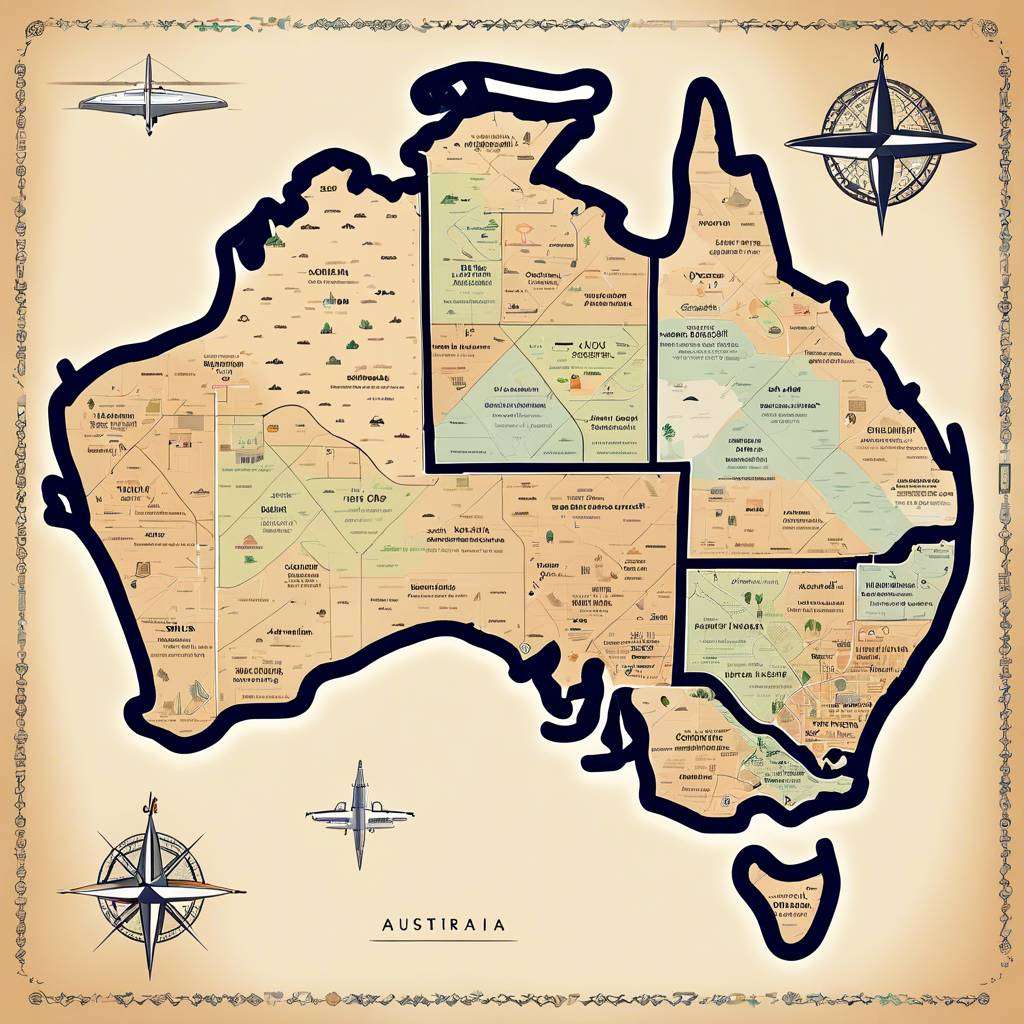 Map of Australian states and territories with cities in antique style.