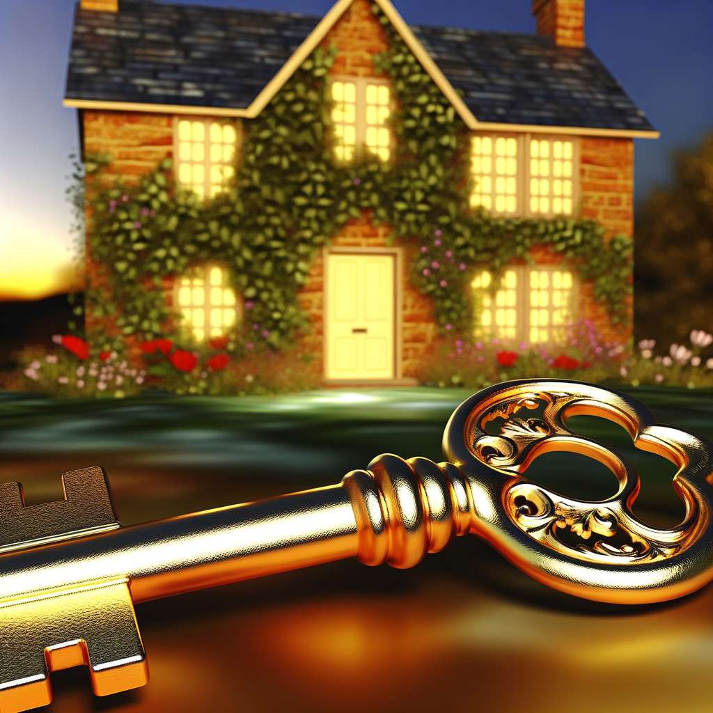 Charming brick house with garden and ornate golden key foreground.