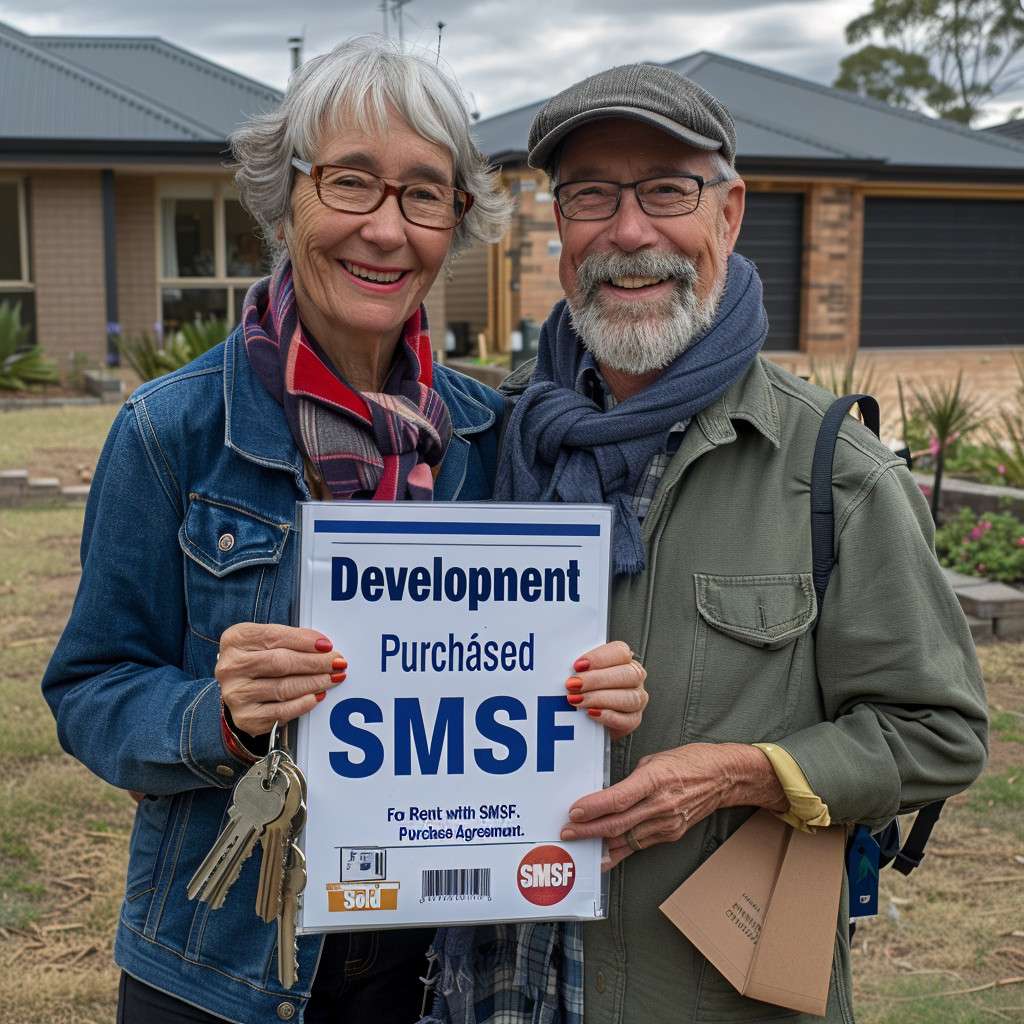 Elderly couple celebrating property investment with Development Purchased SMSF sign outside their new home.