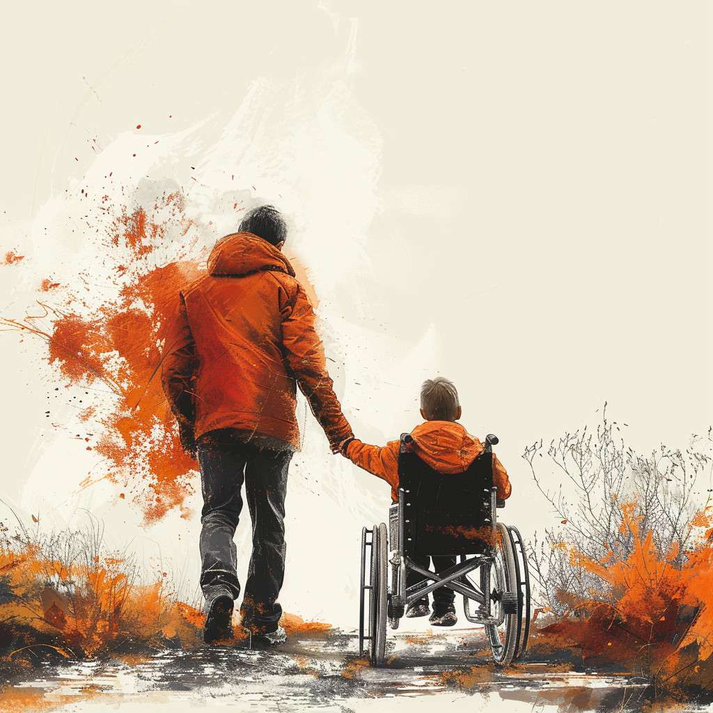 Man and child in orange jackets share a joyful moment while navigating a peaceful path.