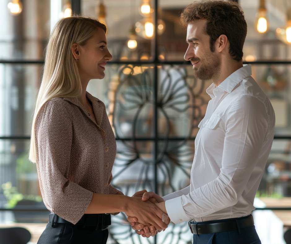 Handshake in modern office setting with smiling professionals.