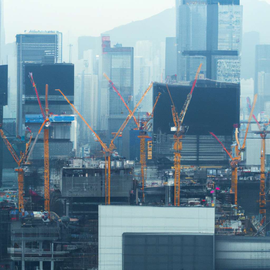 Construction cranes and skyscrapers in bustling urban skyline.