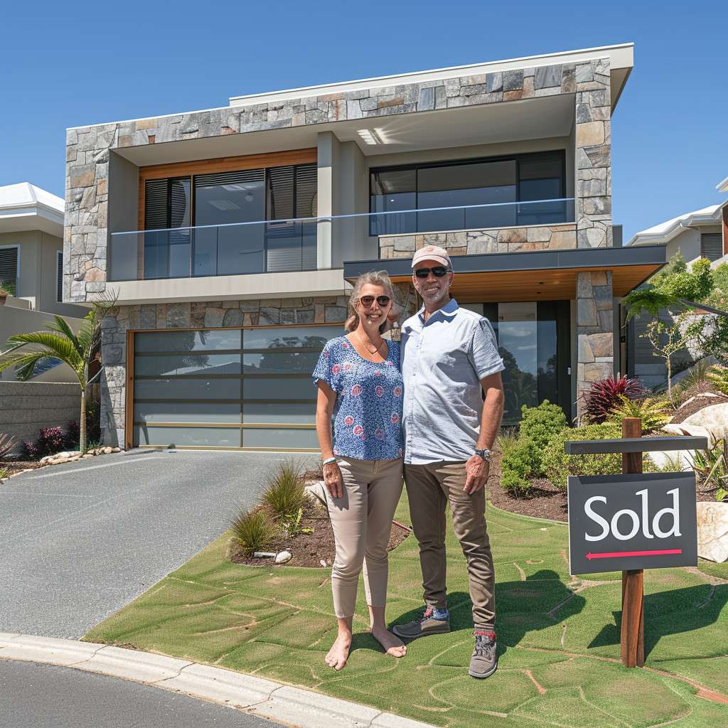 New homeowners smiling in front of modern house with Sold sign.
