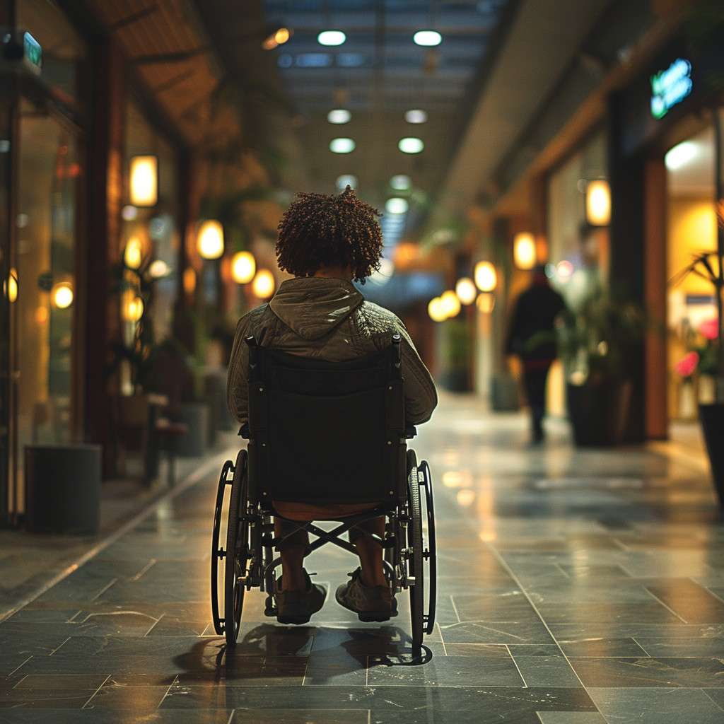 Person in wheelchair navigating modern, accessible shopping mall corridor.