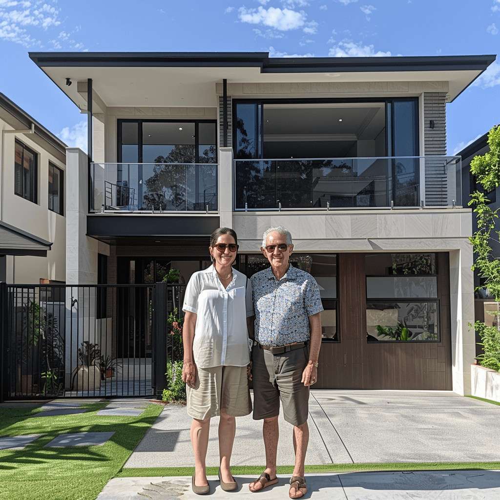 Cheerful family portrait in front of a modern two-story house with lush landscaping.
