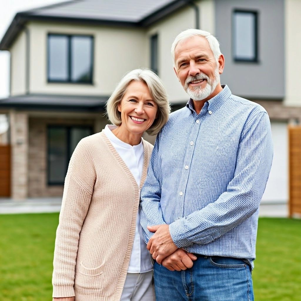 Cheerful older couple in front of a modern home with beautiful landscaping and warm expressions.