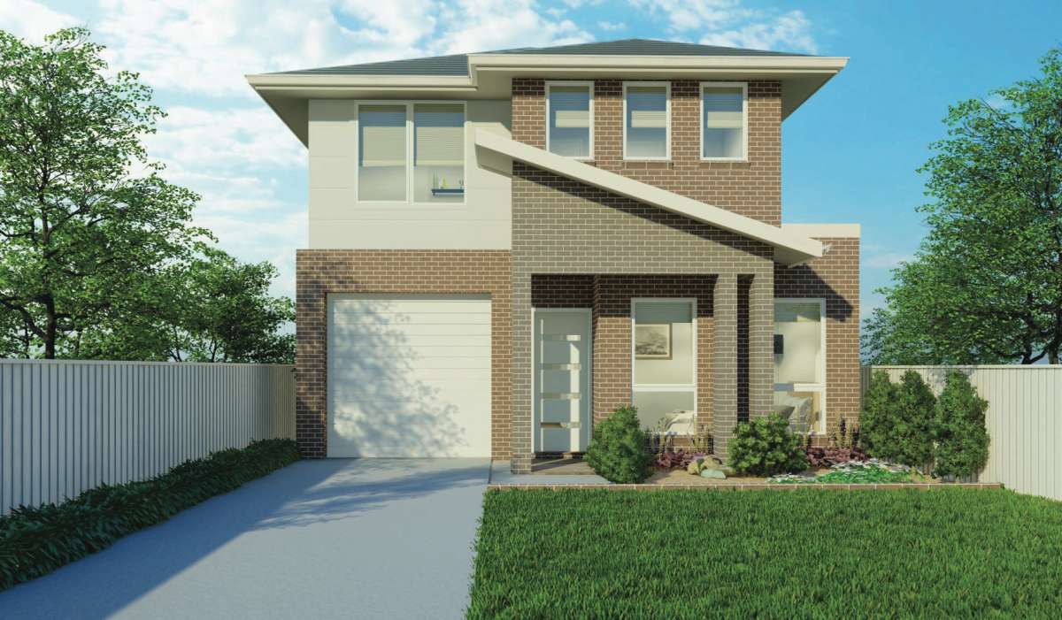 Modern two-storey house with brick facade, landscaped garden, and inviting entrance.