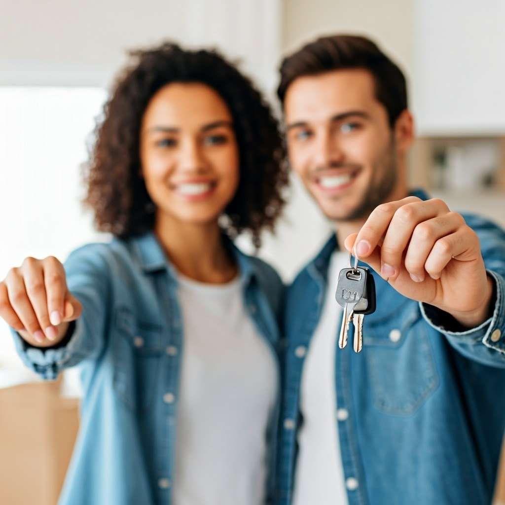 Couple joyfully celebrates new home milestone, sharing excitement with keys in hand.