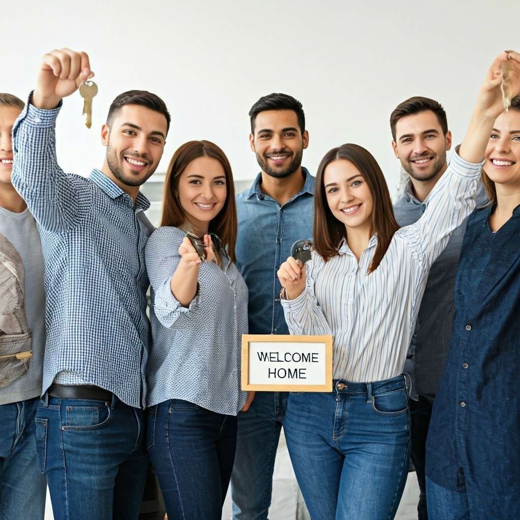Young adults celebrating a new home, holding keys and a WELCOME HOME sign.