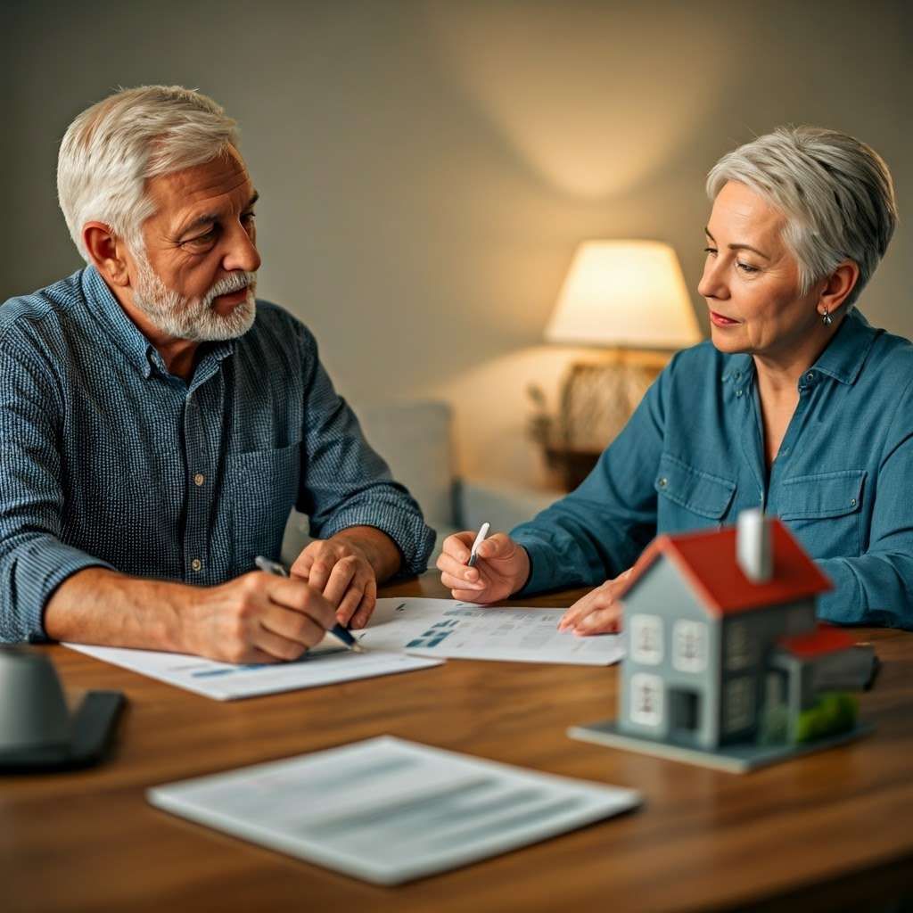 Mature couple discussing real estate plans at a table, focusing on documents and a model house.