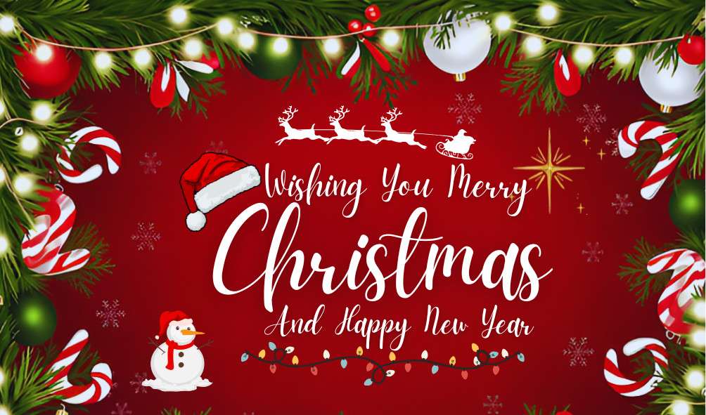 Festive Christmas greeting card featuring ornaments, a snowman, and joyful holiday messages.