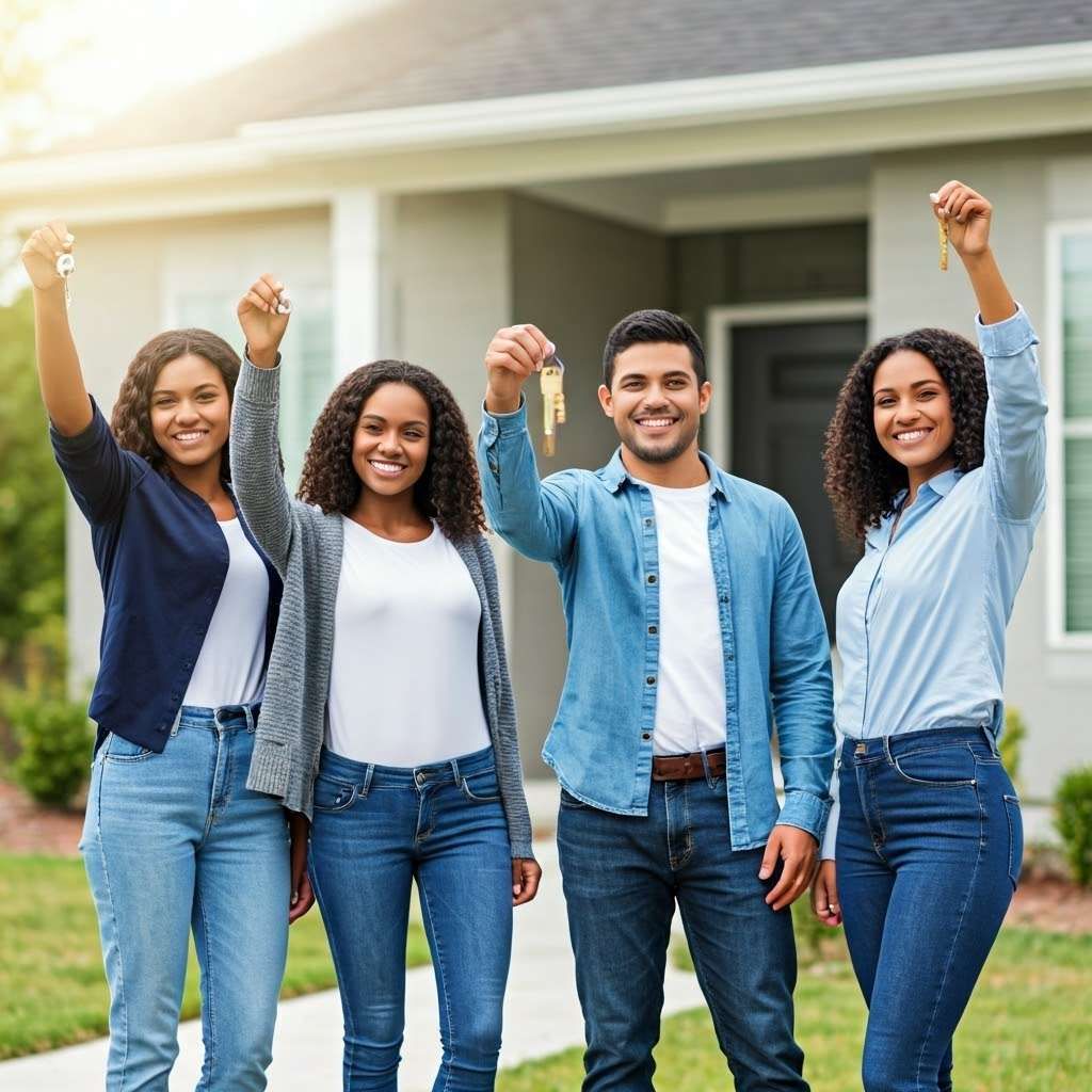 Young adults joyfully celebrate their new home with keys in hand outside a modern house.