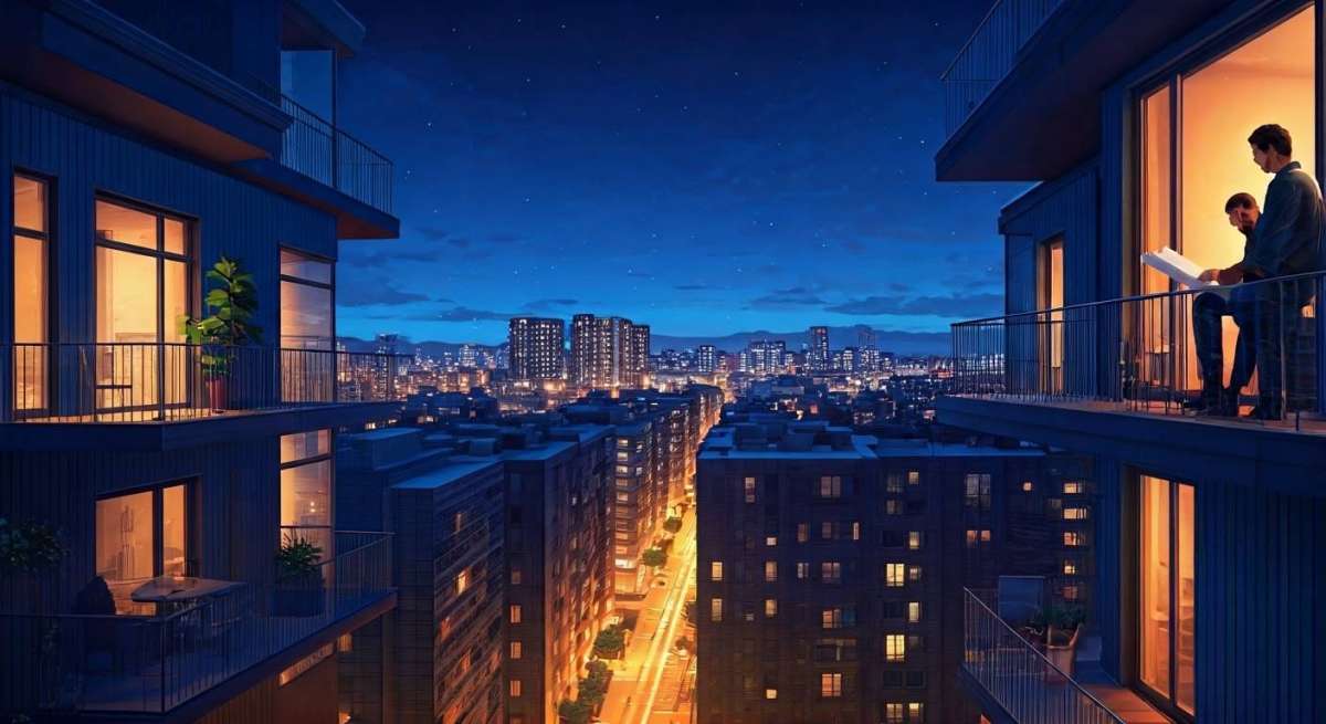 Nighttime urban scene with modern illuminated apartments, balconies, and city skyline under starry sky.