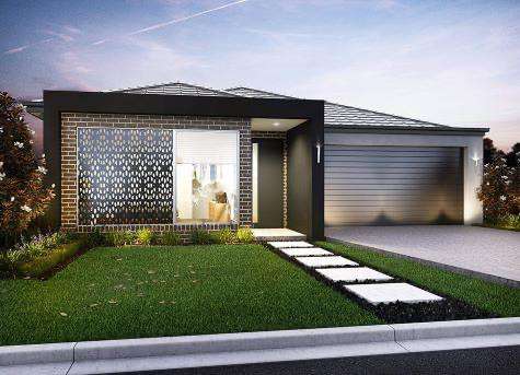 Modern single-story home with sleek design, large window, lush landscaping, and sunset backdrop.
