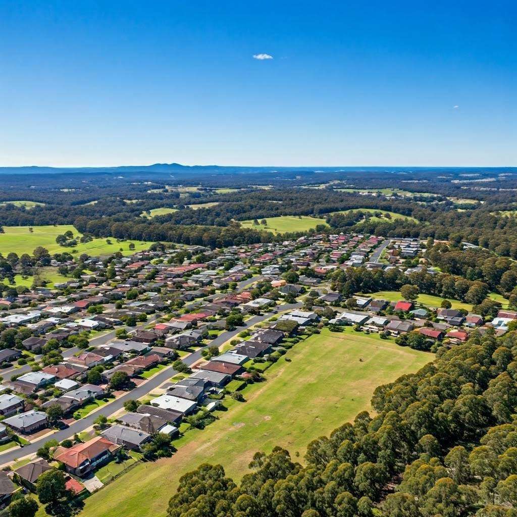 Aerial view of suburban neighbourhood with houses, green spaces, and blue sky.