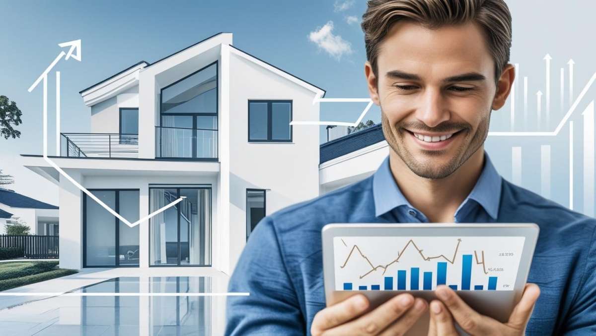 Modern house, professional man with tablet, showcasing real estate and market growth success.