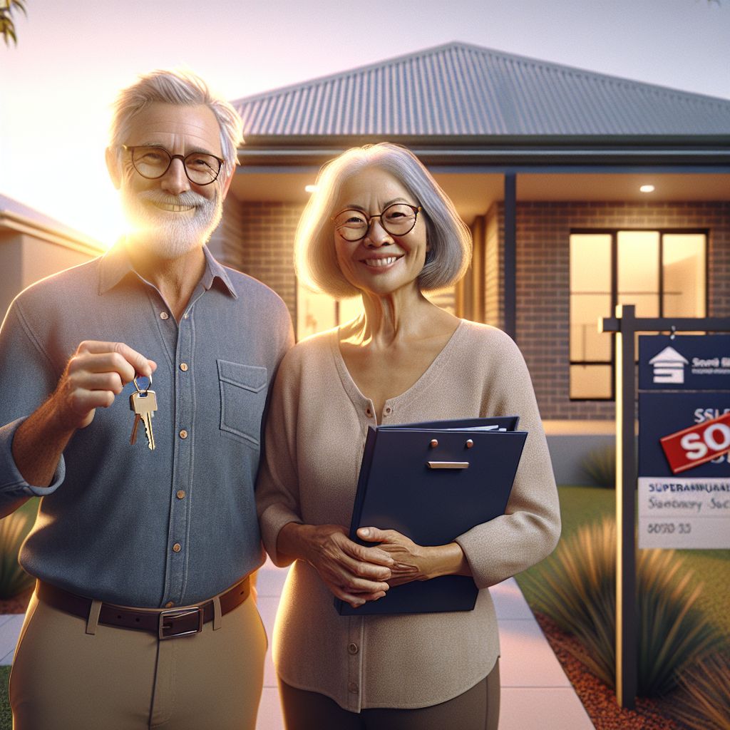 Happy senior homeowners with keys outside sold modern brick house, Australian real estate at sunset.