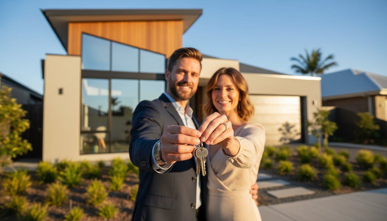 Happy couple holding keys in front of modern new home, celebrating successful property investment in 2026.