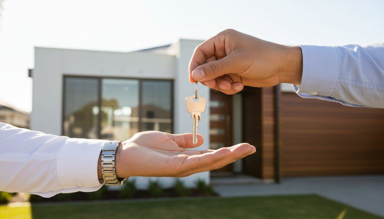 Investor receiving house key for turnkey property purchase, modern home in background.