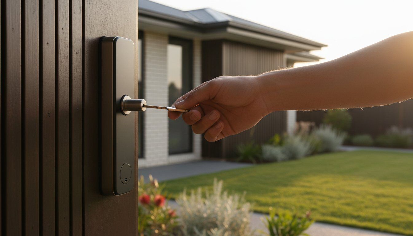 Hand unlocking modern front door, turnkey investment property in Australia, 2026 guide.