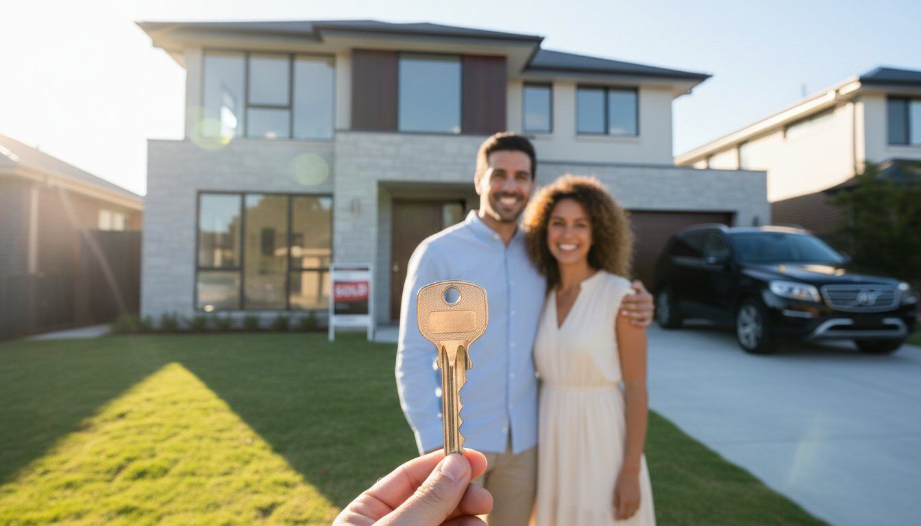 Happy couple holding keys in front of their new modern home in Australia.