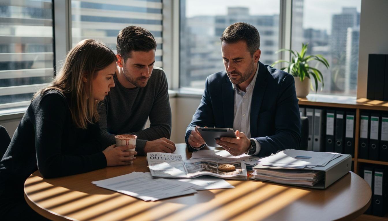 Sydney financial advisor consulting young couple about property investment.