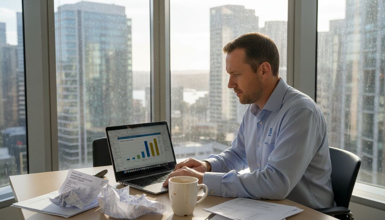 Focused executive analysing corporate finance data in a modern city office.