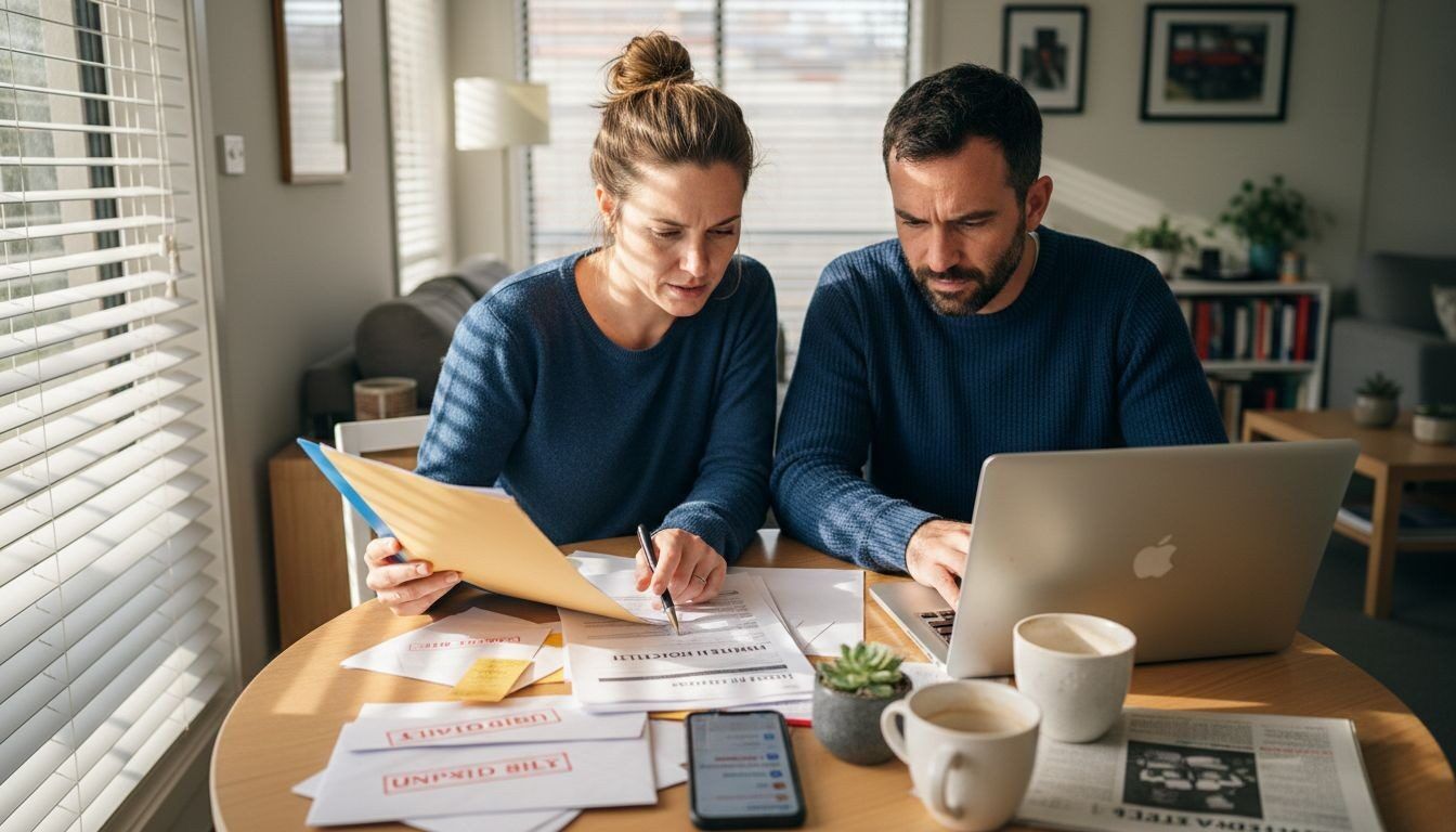 Couple reviewing unpaid bills and household finances on a laptop at home.