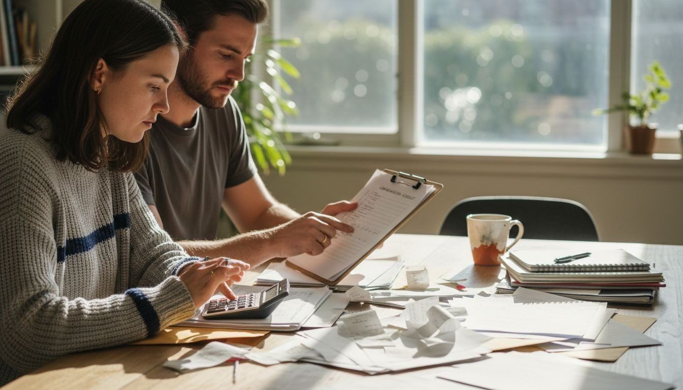 Young couple managing household finances and organising receipts with a calculator.