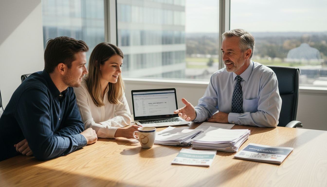 Mortgage broker reviewing documents with a couple in a modern office.