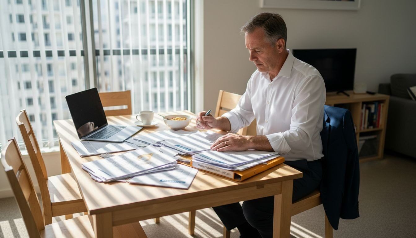 Investor reviewing rental property paperwork and real estate contracts in a modern home office.