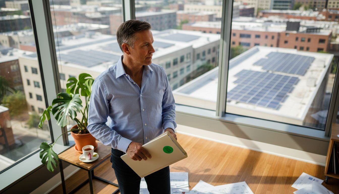 Property investor in office viewing sustainable solar panels on rooftops.
