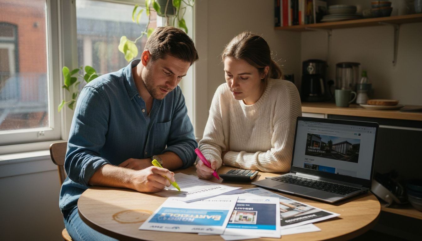 Young couple calculating home loan budget and reviewing real estate documents.