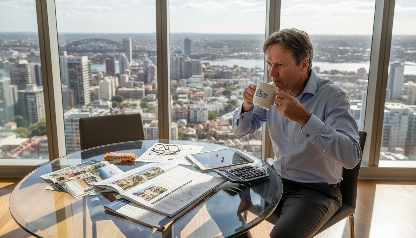 Property investor reviewing real estate plans overlooking the Sydney skyline.