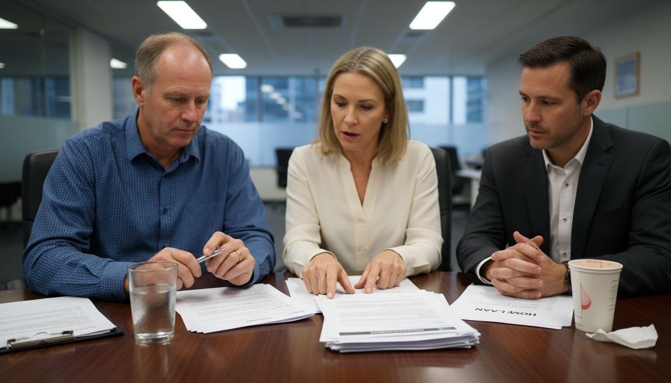 Financial advisor reviews home loan documents with clients in professional office meeting.