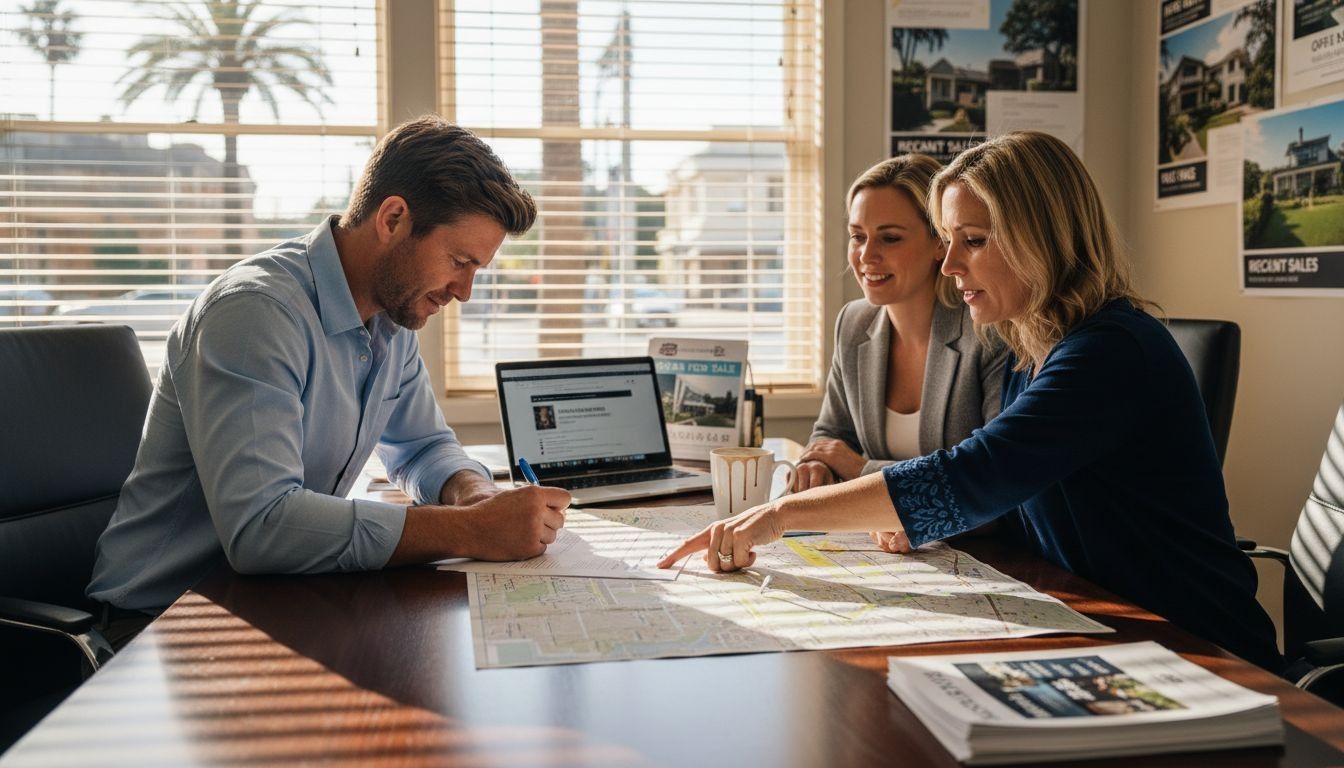 Real estate agents discussing a property map with a client in an office.