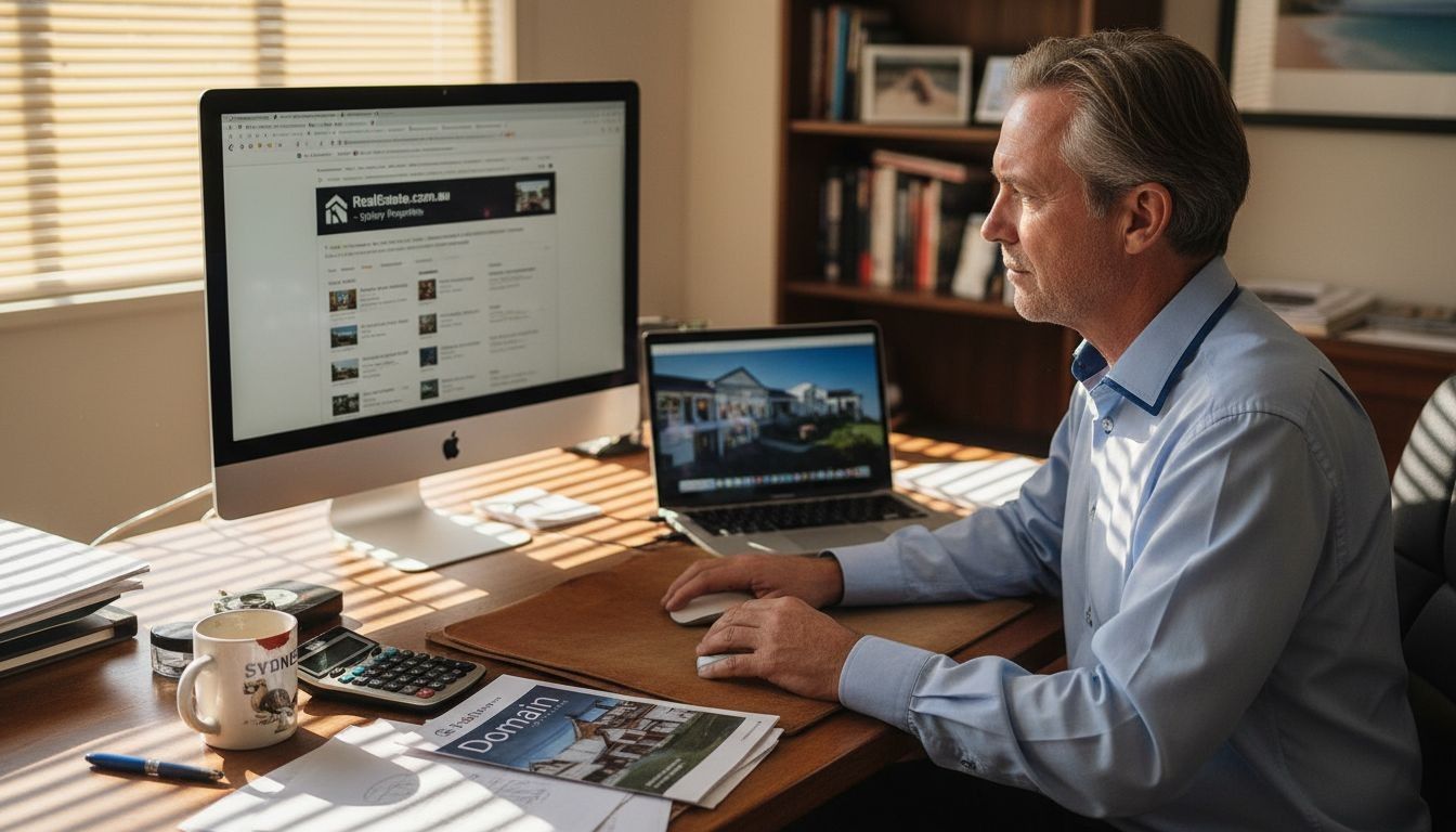 Australian man reviewing real estate listings on computer in home office.