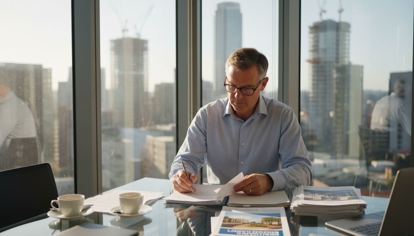 Mature businessman reviewing documents at glass desk in modern city office with laptop and coffee.