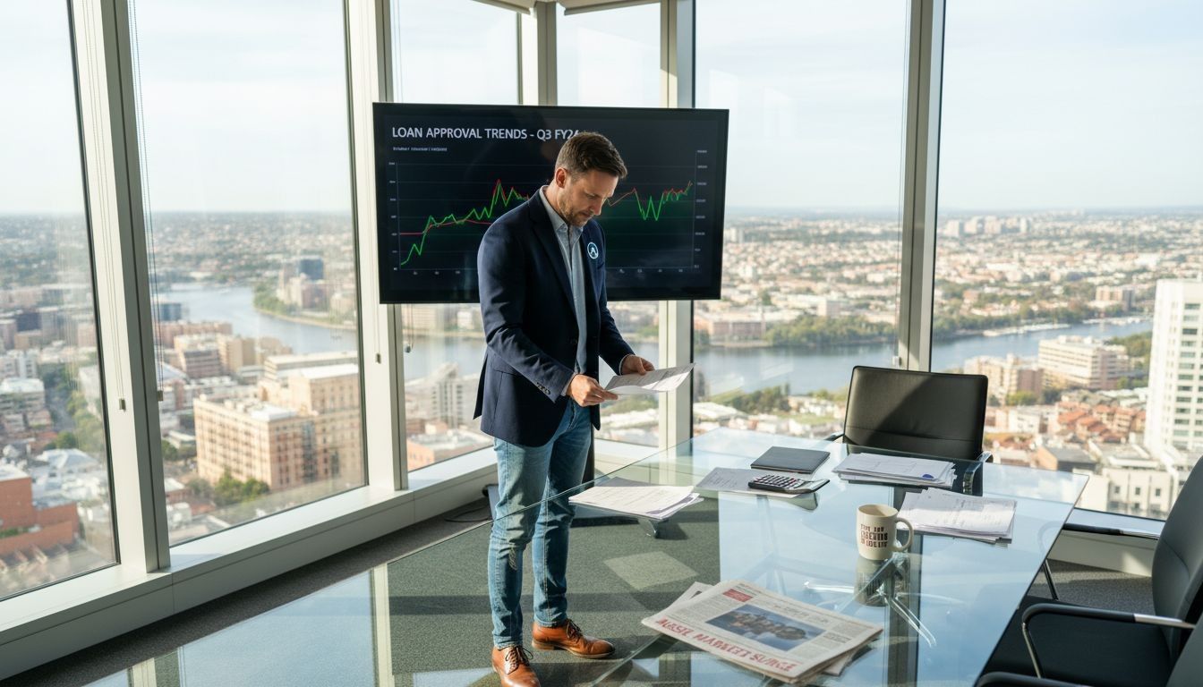 Business professional analysing loan approval trends in a modern office with city views.