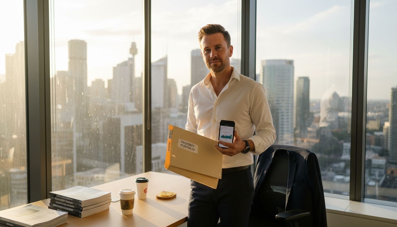 Business professional reviewing data and poverty portfolio in a modern office overlooking city skyline.