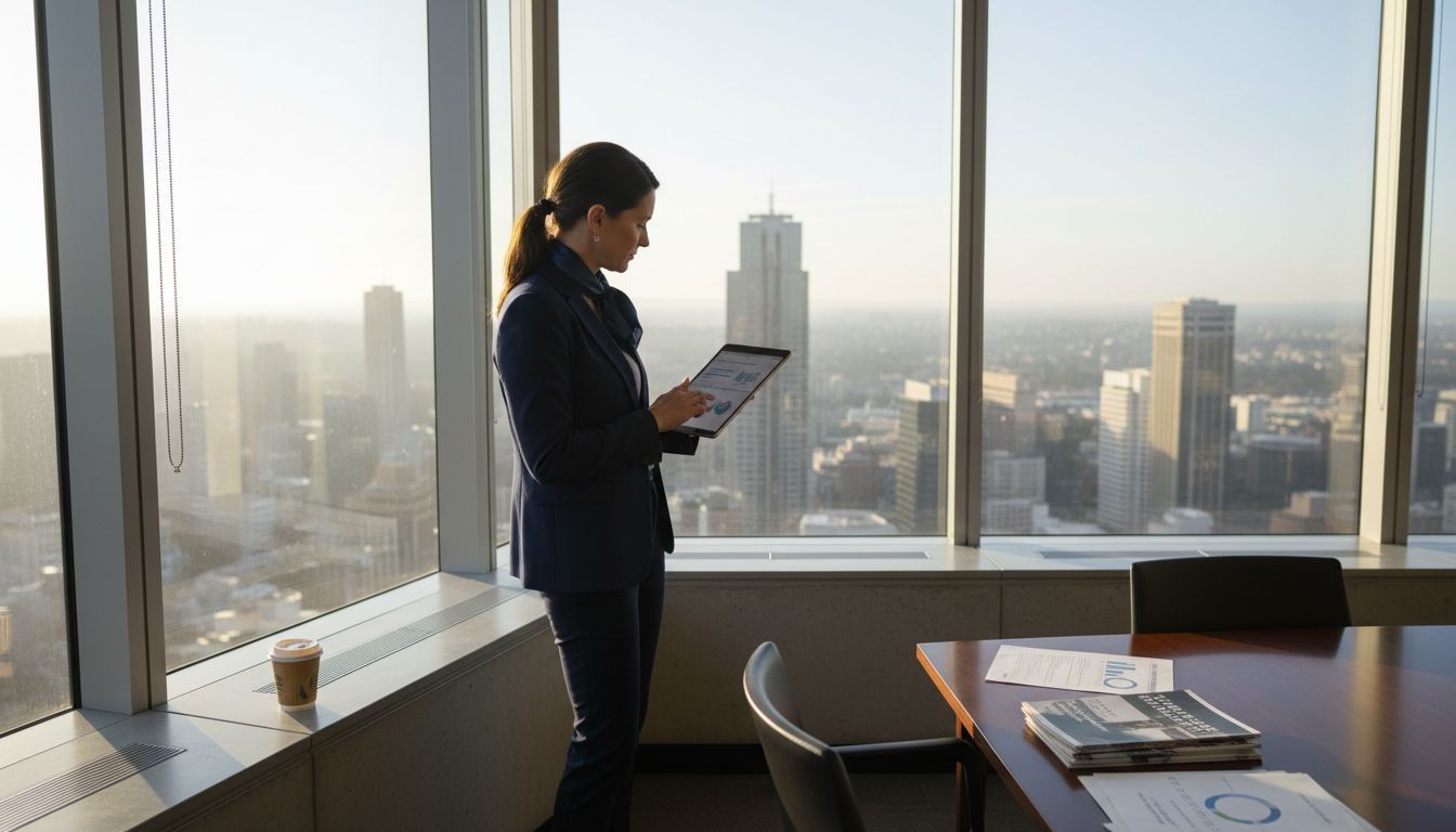 Businesswoman reviewing urban commercial property data in Sydney office with city skyline view.