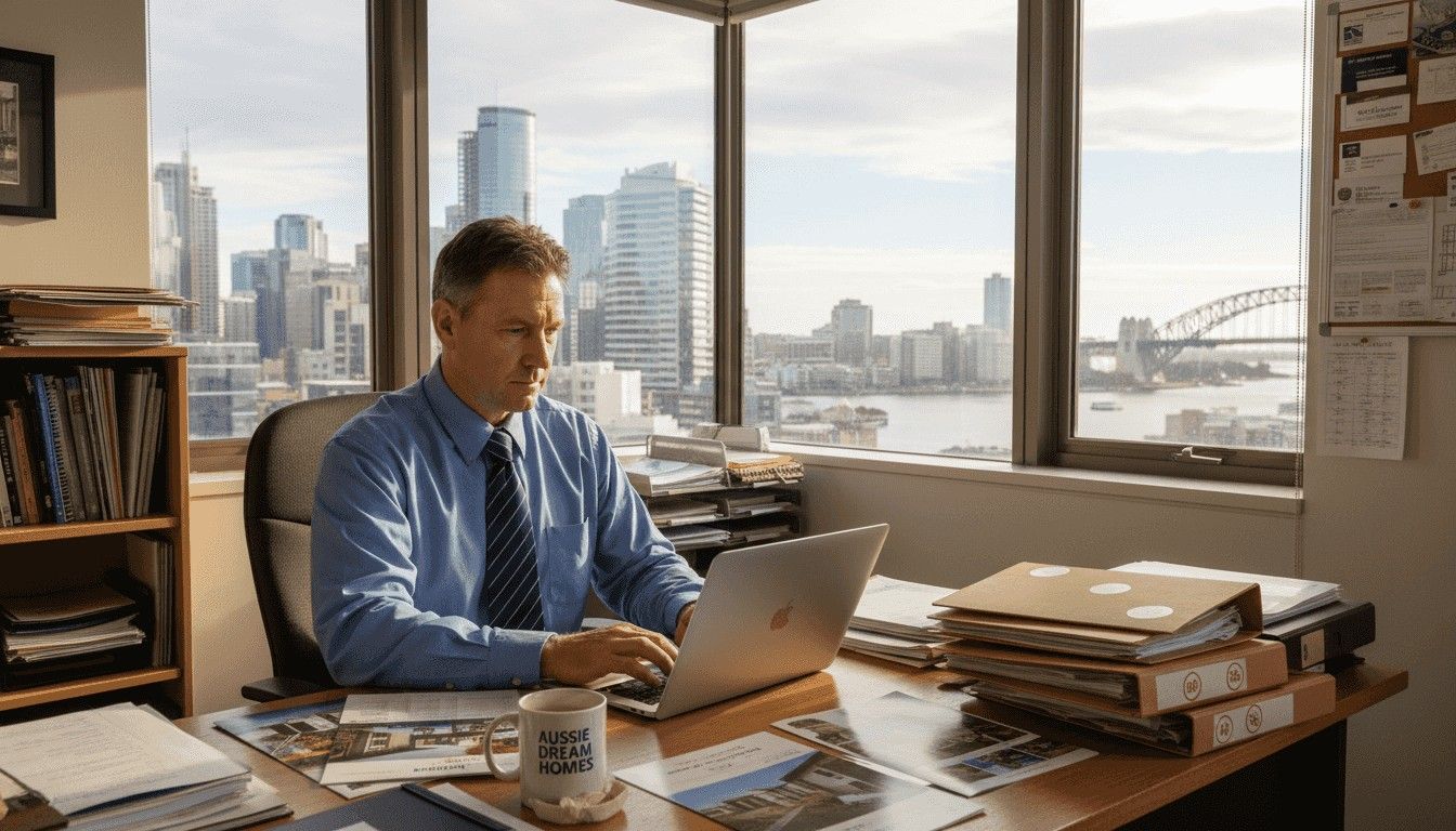 Middle-aged man working on laptop in Sydney city office with skyline view and business documents.