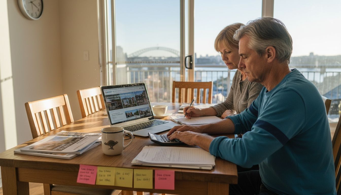 Australian couple planning property purchase with finance documents at home.