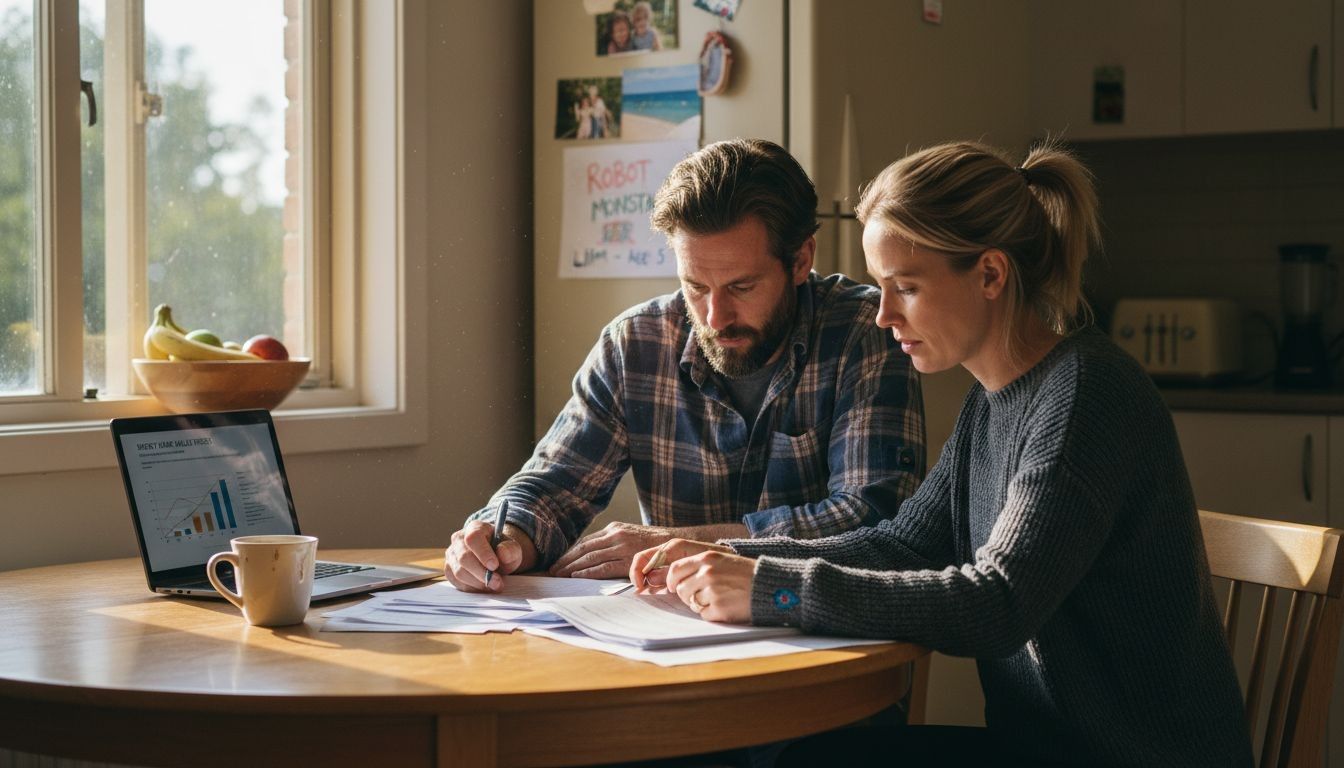 Couple reviewing home loan documents in a cosy Australian kitchen with laptop and fresh fruit.